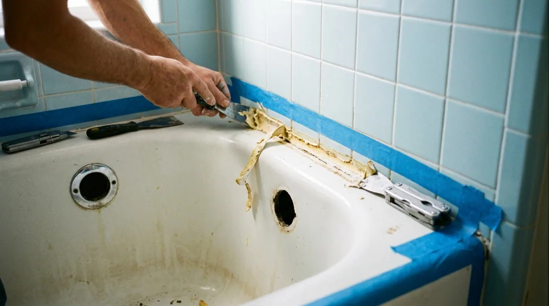 Old caulk is cut out, drain and overflow trim comes off, and the surrounding tile is masked — Rockford, IL