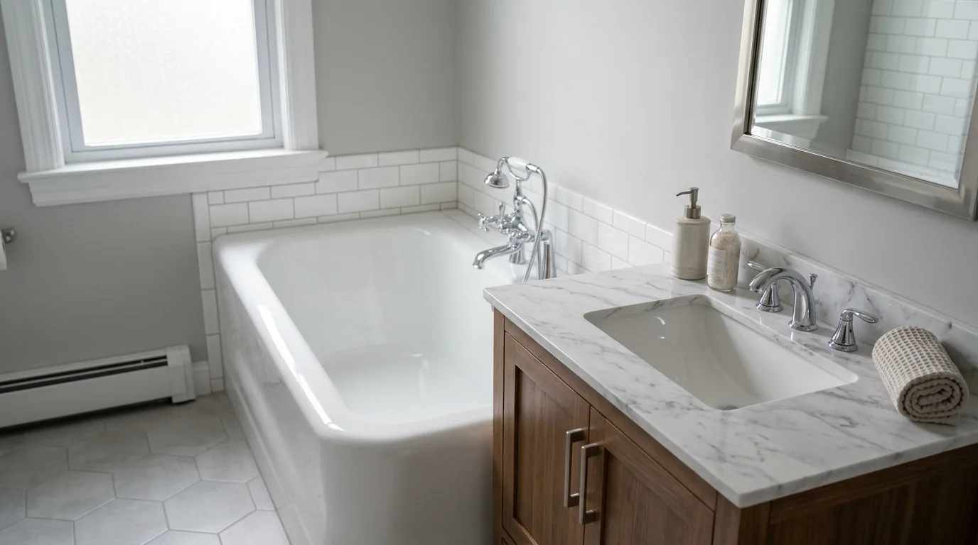 The finished result of professional tub resurfacing: the completed work looking clean, correct and — Rockford, IL