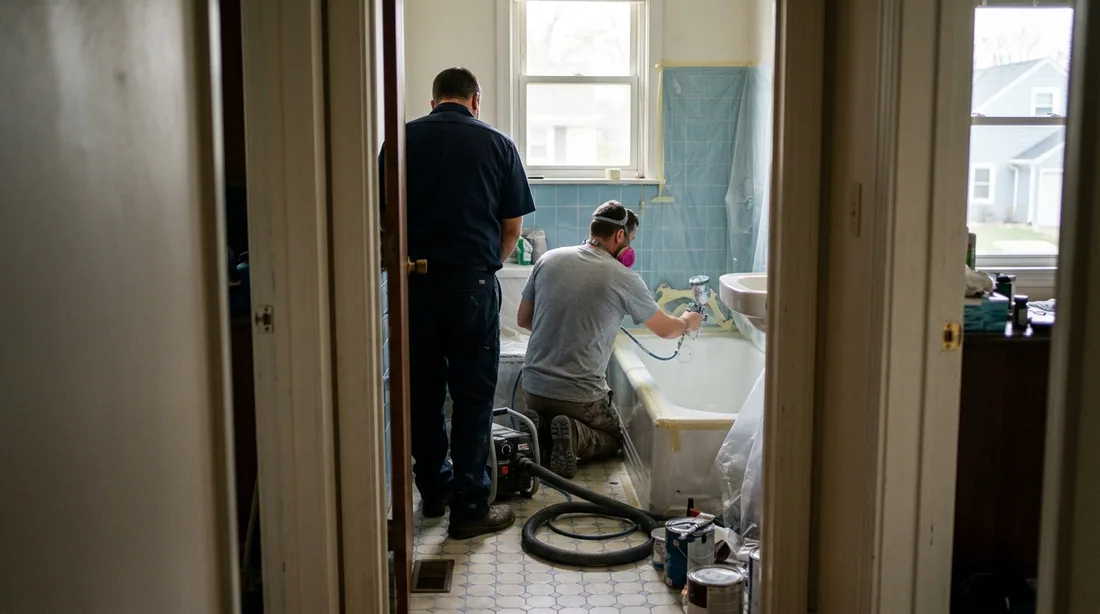 A small professional crew working on a tub resurfacing job at a property, seen from behind and at a — Rockford, IL